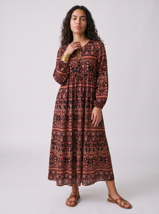 Selene Folk Print Balloon Sleeve Maxi Dress
