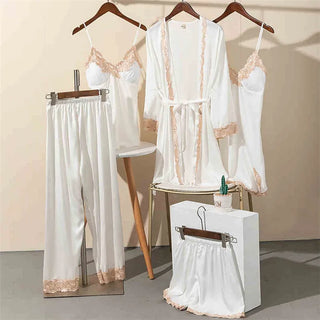 Morning Ritual Lace Trim Satin 4-Piece Pajama Set