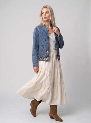 Annika Butterfly Embroidered Denim Jacket in Dakota, front view