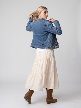 Annika Butterfly Embroidered Denim Jacket in Dakota, back view