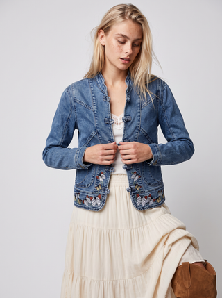 Annika Butterfly Embroidered Denim Jacket in Dakota, close-up
