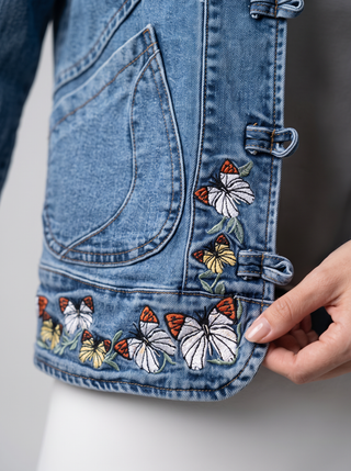 Annika Butterfly Embroidered Denim Jacket in Dakota, close-up of the detail