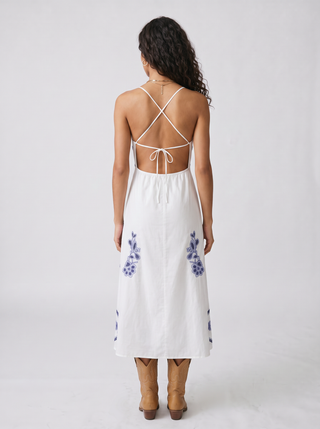 Azure Embroidered Cotton Midi Dress in White Blue, back view