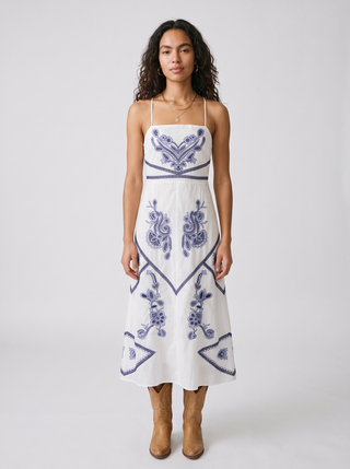 Azure Embroidered Cotton Midi Dress in White Blue, front view