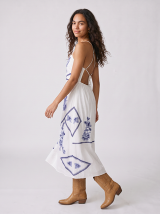 Azure Embroidered Cotton Midi Dress in White Blue, three-quarter view