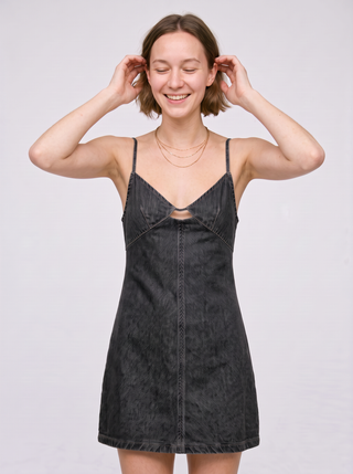 Bree Keyhole Denim Slip Dress in Washed Black, close-up front view