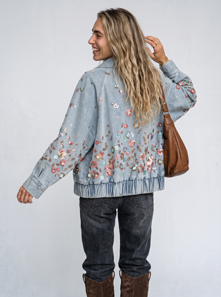 Calla Sequin Flower Denim Jacket in Surf, back view