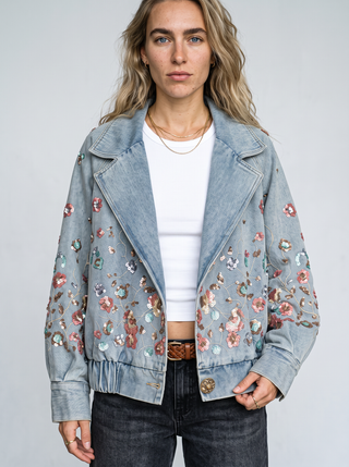 Calla Sequin Flower Denim Jacket in Surf, close-up front view