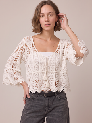 Calypso Crochet Bell Sleeve Top in White, close-up front view