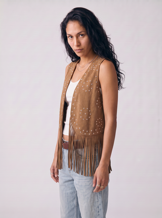 Cassidy Studded Fringe Faux Suede Vest in Tan, three-quarter view