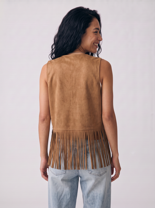 Cassidy Studded Fringe Faux Suede Vest in Tan, back view