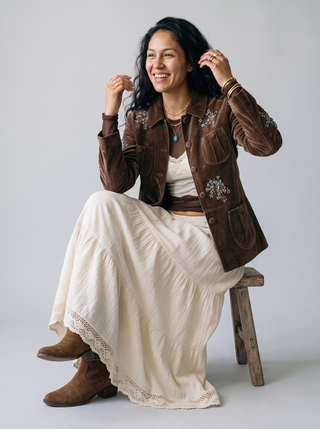 Celine Embellished Velvet Blazer in Chestnut, seated