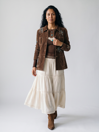 Celine Embellished Velvet Blazer in Chestnut, front view