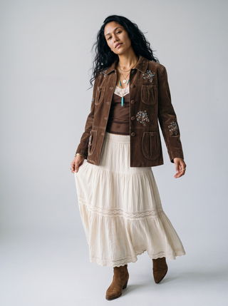 Celine Embellished Velvet Blazer in Chestnut, three-quarter view