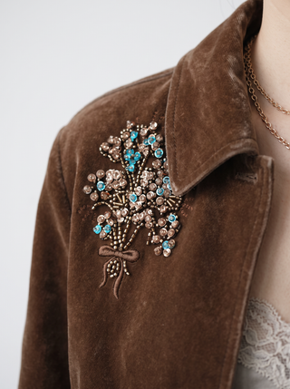 Celine Embellished Velvet Blazer in Chestnut, close-up of the detail
