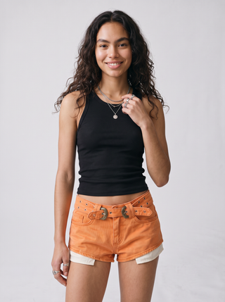 Cleo Belted Orange Denim Shorts in Tangerine, close-up front view