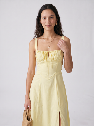 Daisy Corset Midi Sundress in Butter, close-up front view