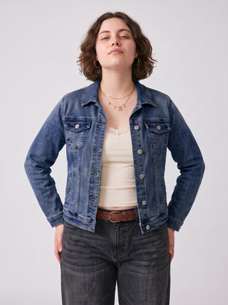Sunny Classic Stretch Denim Jacket in Dark Wash, close-up front view