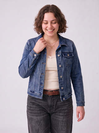 Sunny Classic Stretch Denim Jacket in Dark Wash, front view