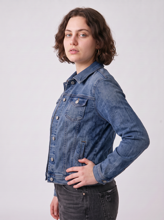 Sunny Classic Stretch Denim Jacket in Dark Wash, three-quarter view
