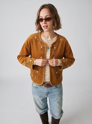 Delia Embroidered Corduroy Jacket in Caramel, close-up