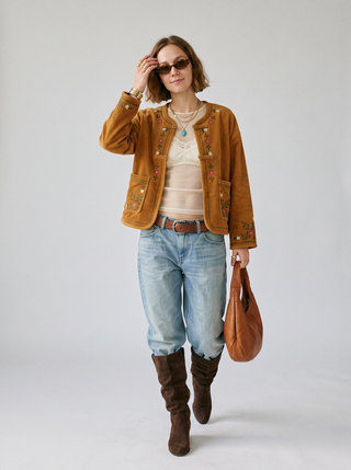 Delia Embroidered Corduroy Jacket in Caramel, front view