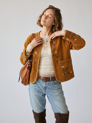Delia Embroidered Corduroy Jacket in Caramel, three-quarter view