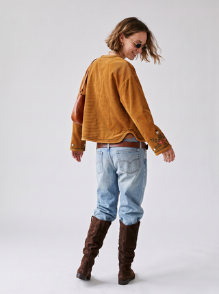 Delia Embroidered Corduroy Jacket in Caramel, back view