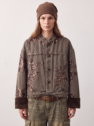 Delta Sequin Floral Denim Jacket in Coffee, front view
