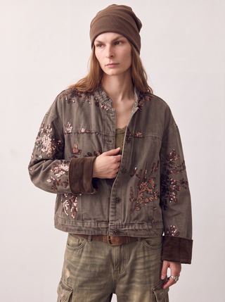 Delta Sequin Floral Denim Jacket in Coffee, close-up front view