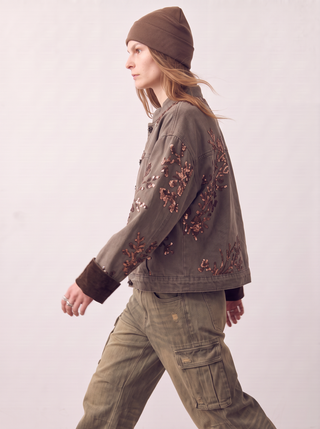 Delta Sequin Floral Denim Jacket in Coffee, side view
