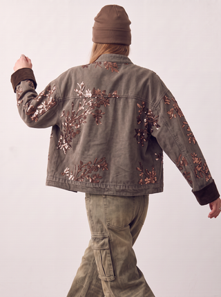 Delta Sequin Floral Denim Jacket in Coffee, back view