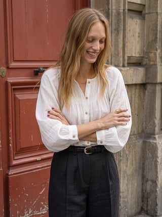 Edith Crinkle Gauze Balloon Sleeve Blouse