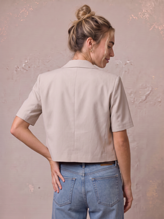 Emberly Cropped Short-Sleeve Blazer in Oatmeal, back view