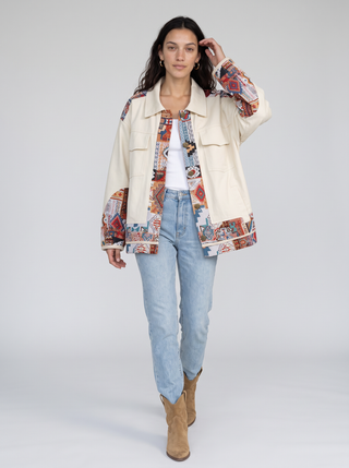 Esme Tapestry Patchwork Trucker Jacket in Cream, front view
