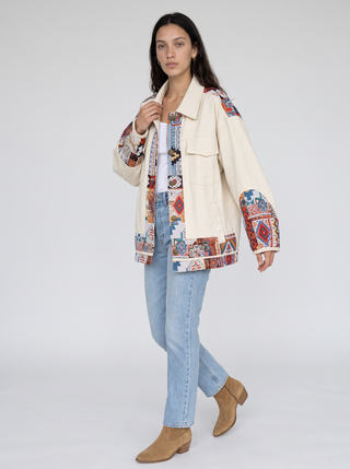 Esme Tapestry Patchwork Trucker Jacket in Cream, three-quarter view