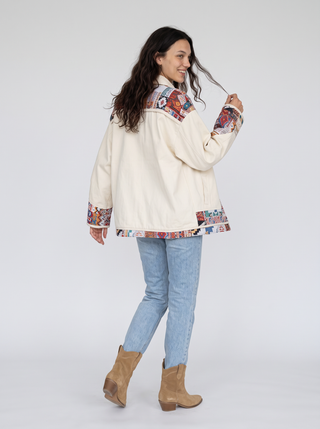Esme Tapestry Patchwork Trucker Jacket in Cream, back view