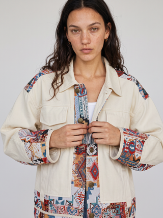 Esme Tapestry Patchwork Trucker Jacket in Cream, close-up