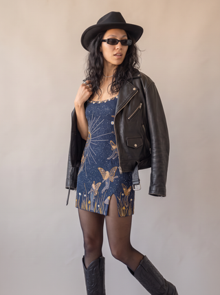Fae Beaded Fairy Mini Dress in Midnight Navy, front view