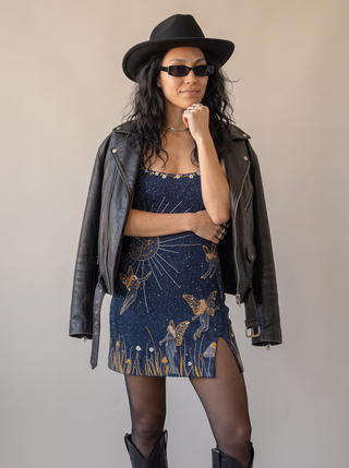 Fae Beaded Fairy Mini Dress in Midnight Navy, close-up front view