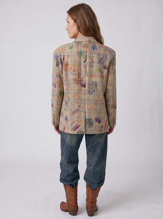 Frankie Doodle Plaid Blazer in Oatmeal, back view