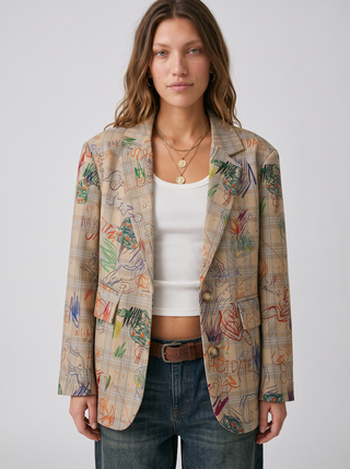 Frankie Doodle Plaid Blazer in Oatmeal, close-up front view