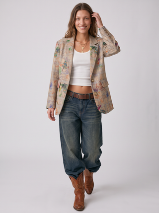 Frankie Doodle Plaid Blazer in Oatmeal, front view