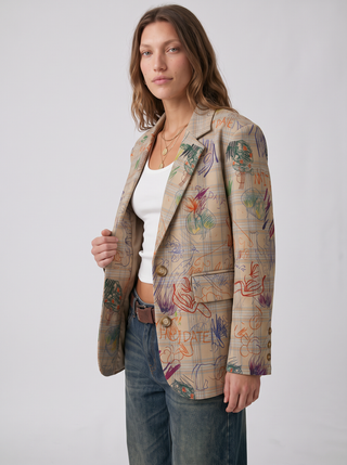 Frankie Doodle Plaid Blazer in Oatmeal, three-quarter view
