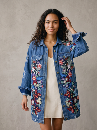 Frida Floral Embroidered Denim Jacket in Dakota, front view