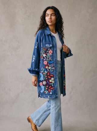 Frida Floral Embroidered Denim Jacket in Dakota, three-quarter view