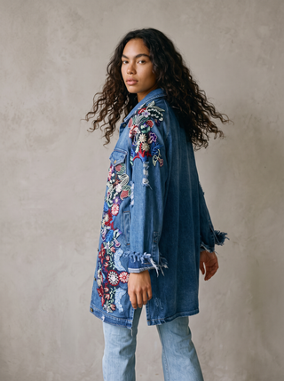 Frida Floral Embroidered Denim Jacket in Dakota, back view