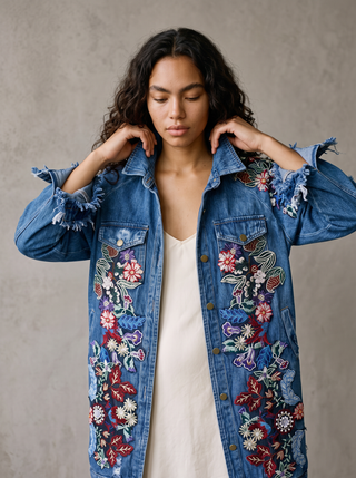 Frida Floral Embroidered Denim Jacket in Dakota, close-up