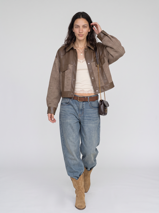 Hazel Tweed Patchwork Faux Leather Jacket in Mocha, front view