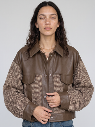 Hazel Tweed Patchwork Faux Leather Jacket in Mocha, close-up front view